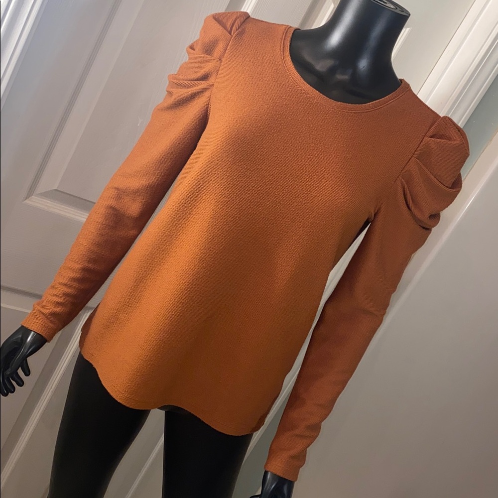 Nine West Burnt Orange Brown Puff Sleeve Sweater Blouse Top